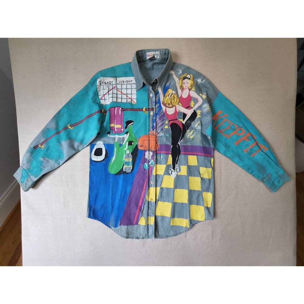 OOAk Vintage Hand Painted Denim Shirt Jacket Aerobic Medium